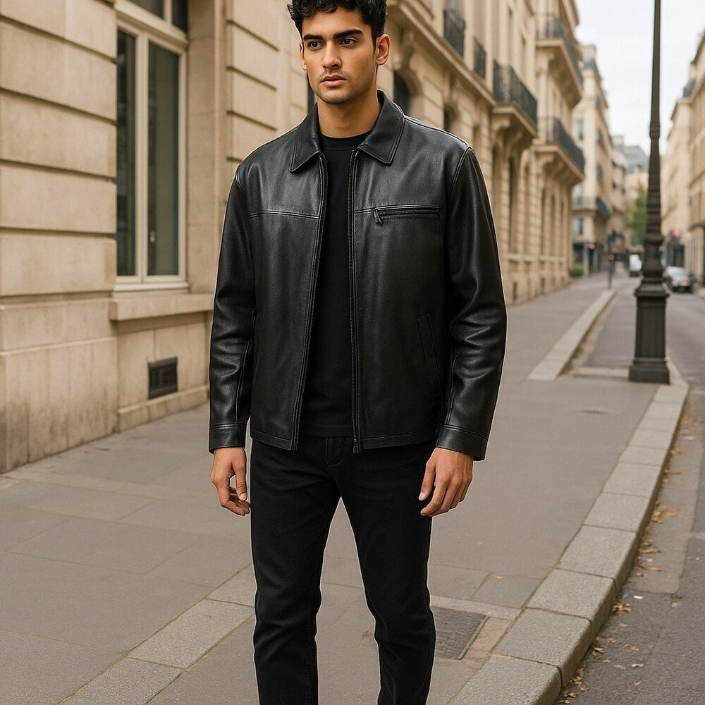 Fengzhongxu Mens XL ?? Black Faux Leather Full Zip Pockets PVC Jacket Coat